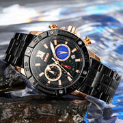SKMEI 9235 Men Moonphase Stopwatch Stainless Steel Strap Quartz Watch(Gold Black)