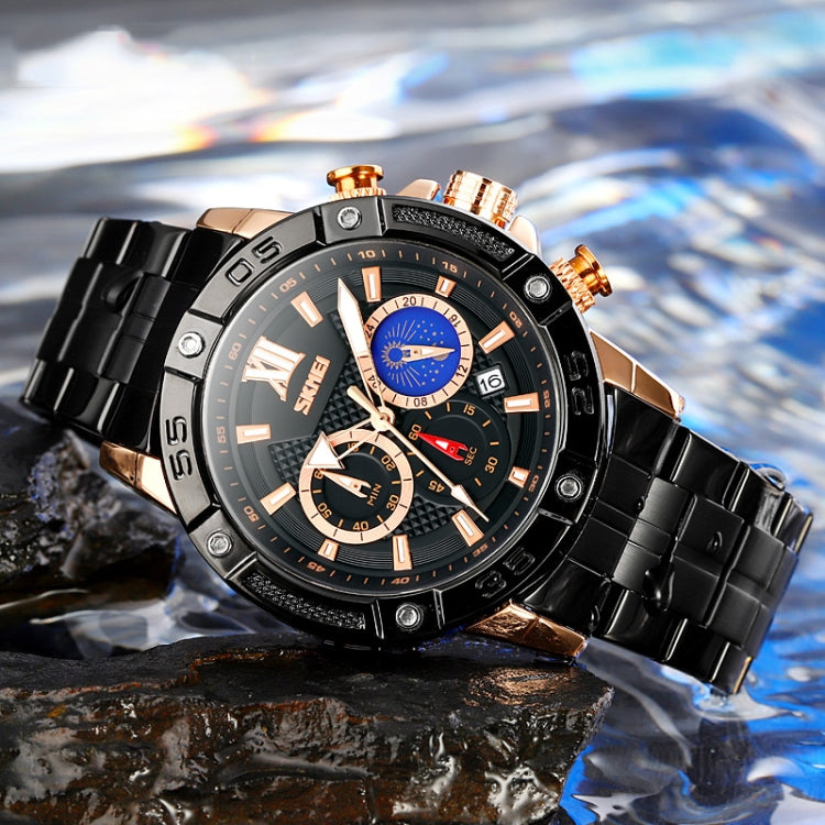 SKMEI 9235 Men Moonphase Stopwatch Stainless Steel Strap Quartz Watch(Black)