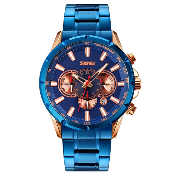 SKMEI 9241 Men Calendar Stopwatch Stainless Steel Strap Quartz Watch(Rose Gold Blue)