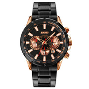 SKMEI 9241 Men Calendar Stopwatch Stainless Steel Strap Quartz Watch(Rose Gold Black)
