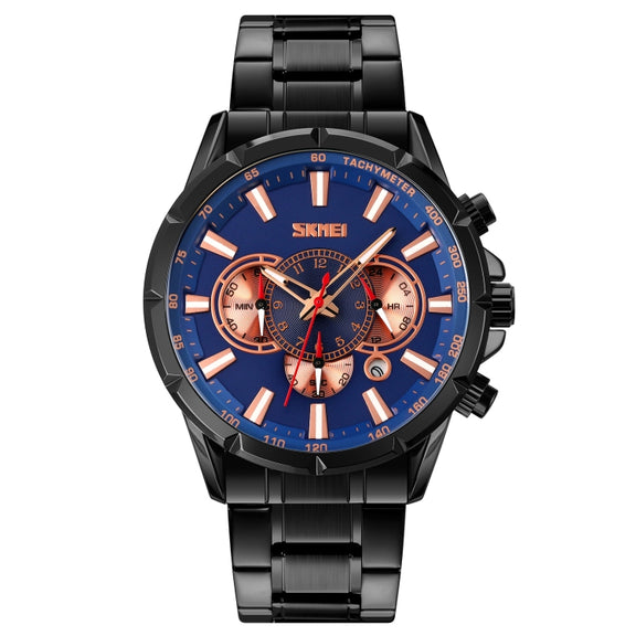 SKMEI 9241 Men Calendar Stopwatch Stainless Steel Strap Quartz Watch(Black Blue)