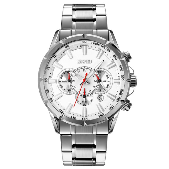 SKMEI 9241 Men Calendar Stopwatch Stainless Steel Strap Quartz Watch(Silver)