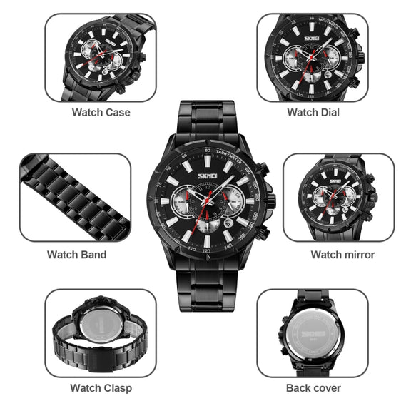 SKMEI 9241 Men Calendar Stopwatch Stainless Steel Strap Quartz Watch(Silver)
