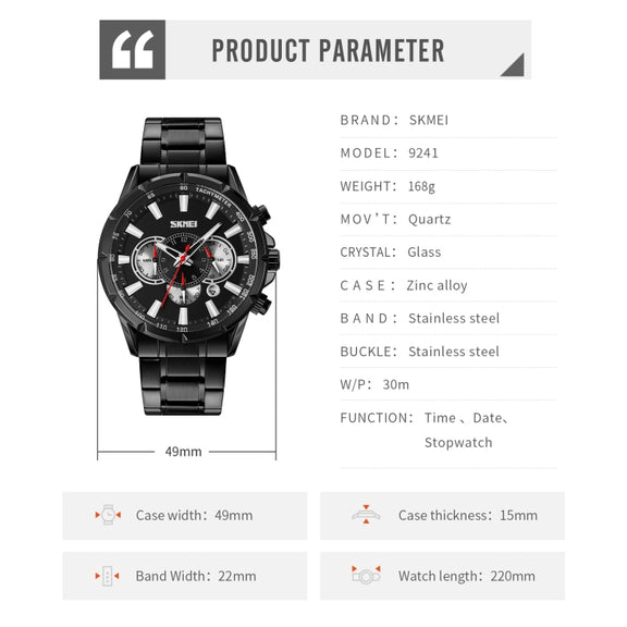 SKMEI 9241 Men Calendar Stopwatch Stainless Steel Strap Quartz Watch(Silver Black)