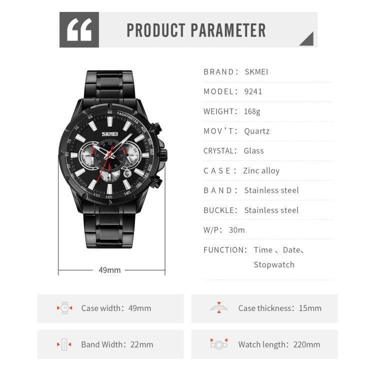 SKMEI 9241 Men Calendar Stopwatch Stainless Steel Strap Quartz Watch(Silver Black)