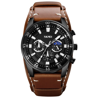 SKMEI 9249 Men Moonphase Calendar Stopwatch Leather Strap Quartz Watch(Brown Black) - free shipping - PMC Jewellery - Order now!
