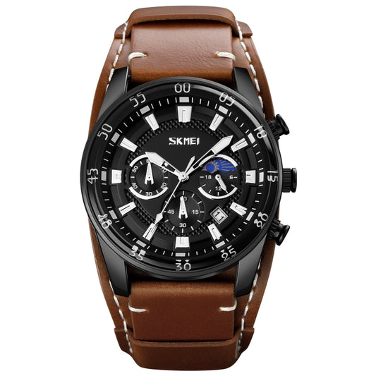 SKMEI 9249 Men Moonphase Calendar Stopwatch Leather Strap Quartz Watch(Brown Black) - free shipping - PMC Jewellery - Order now!