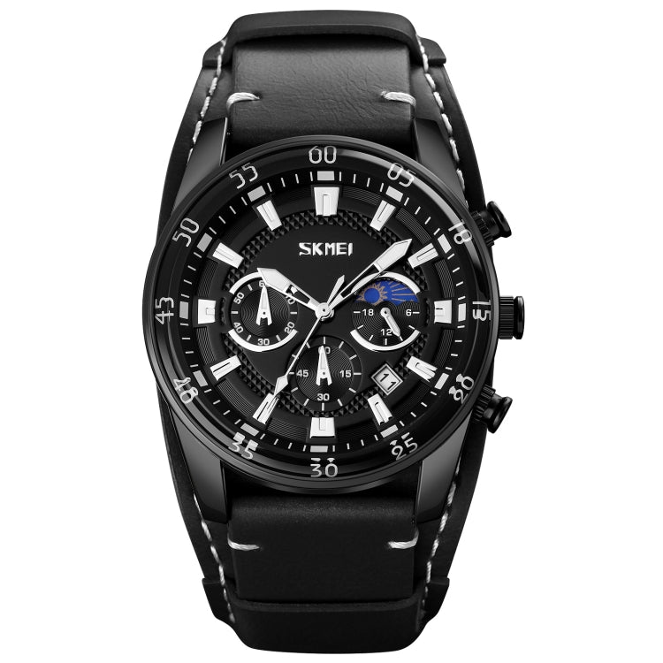 SKMEI 9249 Men Moonphase Calendar Stopwatch Leather Strap Quartz Watch(Black) - free shipping - PMC TechLife - Order now!