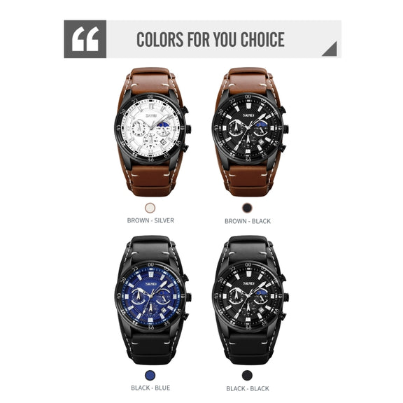 SKMEI 9249 Men Moonphase Calendar Stopwatch Leather Strap Quartz Watch(Black)