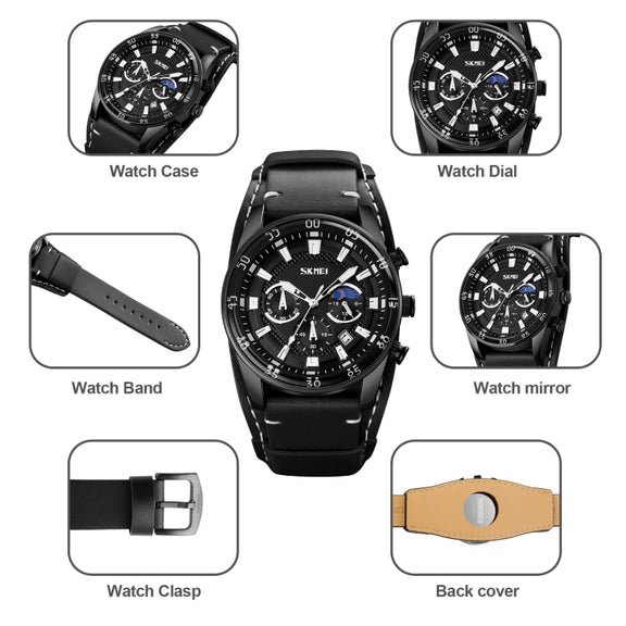 SKMEI 9249 Men Moonphase Calendar Stopwatch Leather Strap Quartz Watch(Black Blue)
