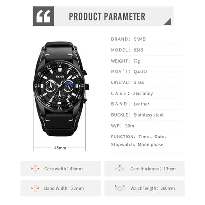 SKMEI 9249 Men Moonphase Calendar Stopwatch Leather Strap Quartz Watch(Brown Black) - free shipping - PMC Jewellery - Order now!