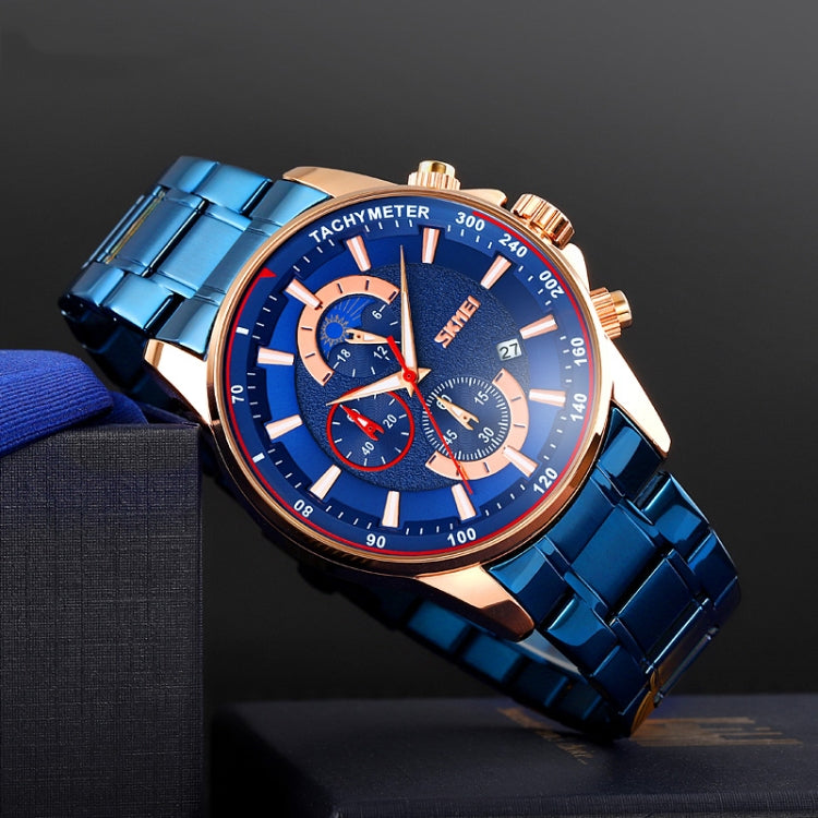 SKMEI 9250 Men Moonphase Stopwatch Date Six Pin Stainless Steel Strap Quartz Watch(Gold Blue)