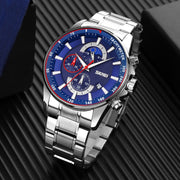 SKMEI 9250 Men Moonphase Stopwatch Date Six Pin Stainless Steel Strap Quartz Watch(Silver Blue)