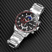 SKMEI 9250 Men Moonphase Stopwatch Date Six Pin Stainless Steel Strap Quartz Watch(Silver Black)