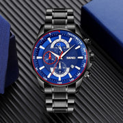 SKMEI 9250 Men Moonphase Stopwatch Date Six Pin Stainless Steel Strap Quartz Watch(Black Blue)
