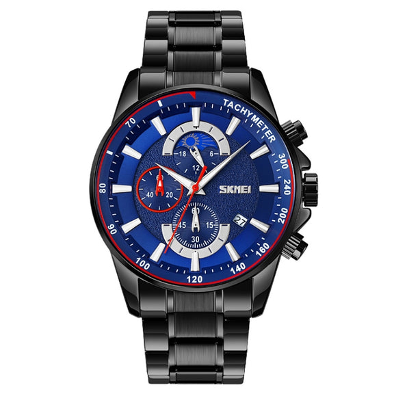 SKMEI 9250 Men Moonphase Stopwatch Date Six Pin Stainless Steel Strap Quartz Watch(Black Blue)