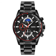 SKMEI 9250 Men Moonphase Stopwatch Date Six Pin Stainless Steel Strap Quartz Watch(Black)