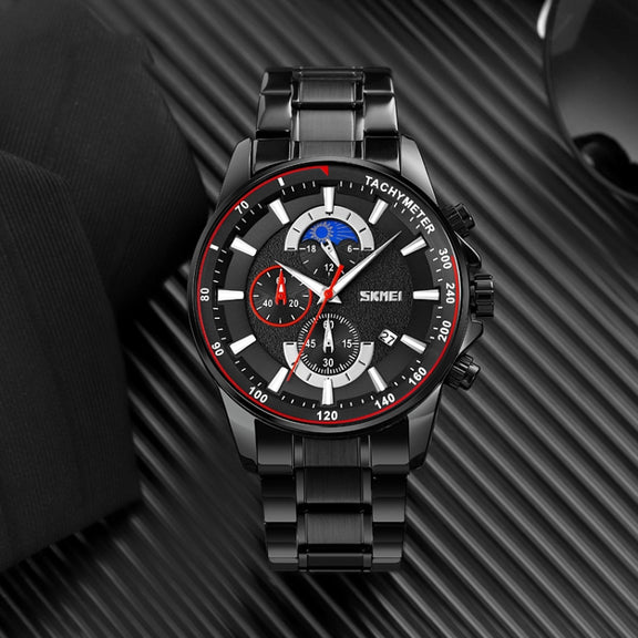 SKMEI 9250 Men Moonphase Stopwatch Date Six Pin Stainless Steel Strap Quartz Watch(Black)