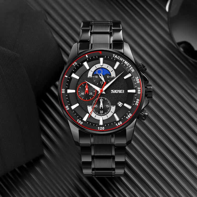 SKMEI 9250 Men Moonphase Stopwatch Date Six Pin Stainless Steel Strap Quartz Watch(Black)