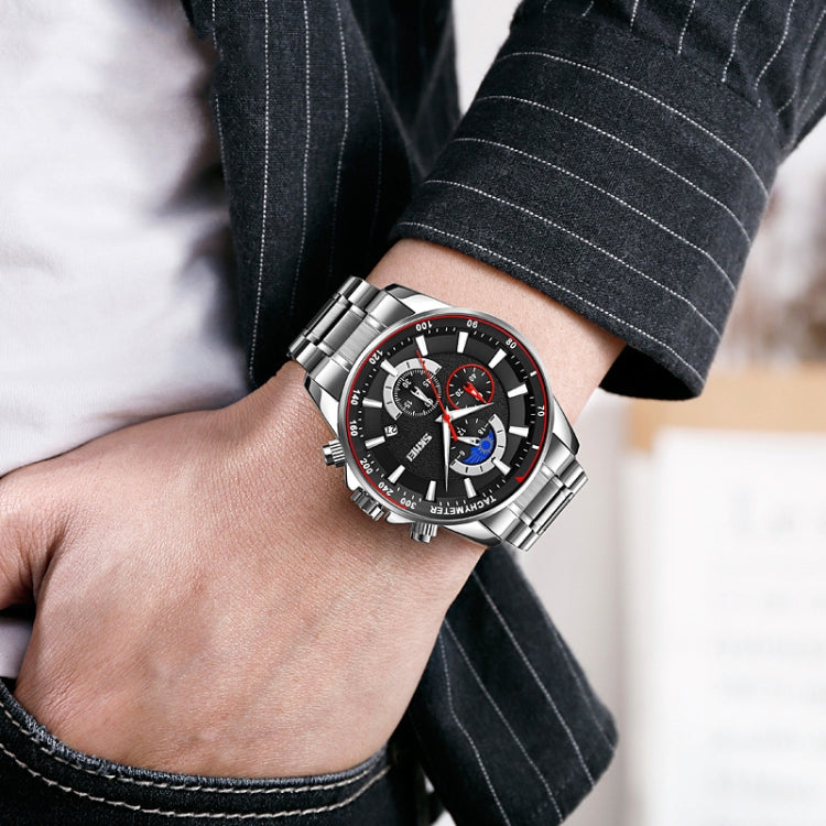 SKMEI 9250 Men Moonphase Stopwatch Date Six Pin Stainless Steel Strap Quartz Watch(Black Blue) - free shipping - PMC TechLife - Order now!