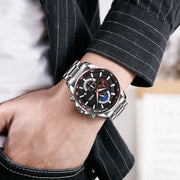 SKMEI 9250 Men Moonphase Stopwatch Date Six Pin Stainless Steel Strap Quartz Watch(Silver Blue)