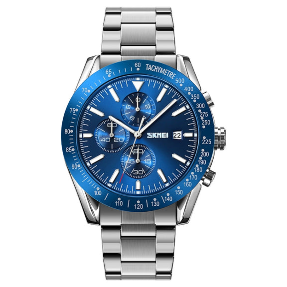 SKMEI 9253 Men Stopwatch Date Six Pin Stainless Steel Strap Quartz Watch(Silver Blue)