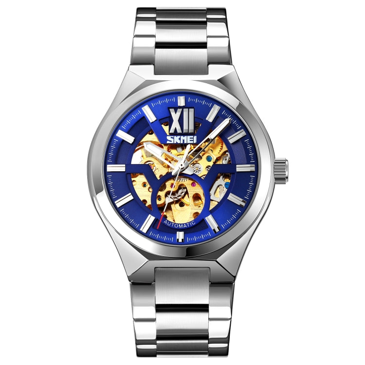 SKMEI 9258 Men Two-color Stainless Steel Strap Automatic Mechanical Watch(Silver Shell Blue Surface) - free shipping - PMC TechLife - Order now!