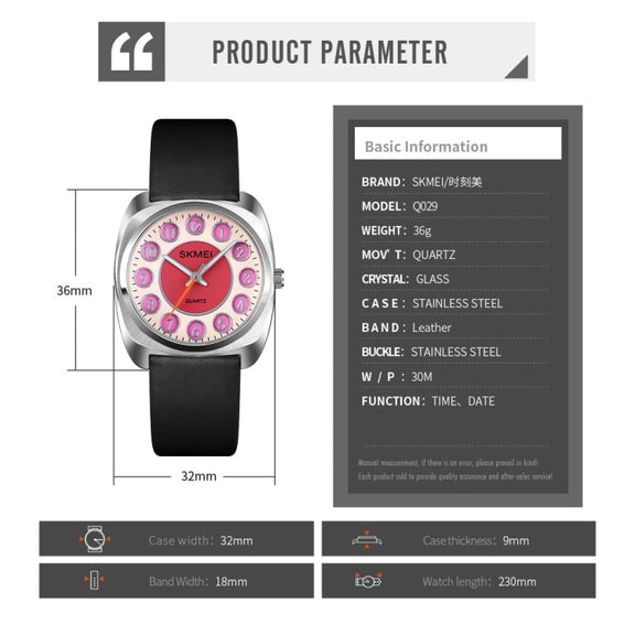 SKMEI Q029 Ladies Phone Number Pattern Dial Leather Strap Quartz Watch(Orange)