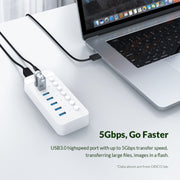 ORICO CT2U3-7AB-BK 7 In 1 Plastic Stripes Multi-Port USB HUB with Individual Switches, US Plug(Black)