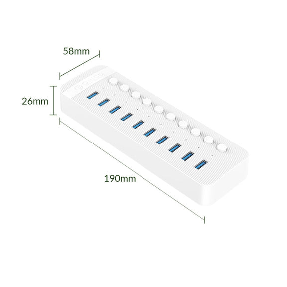 ORICO CT2U3-10AB-WH 10 In 1 Plastic Stripes Multi-Port USB HUB with Individual Switches, US Plug(White)