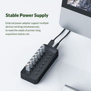 ORICO CT2U3-10AB-BK 10 In 1 Plastic Stripes Multi-Port USB HUB with Individual Switches, US Plug(Black)