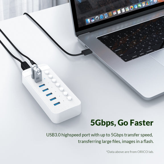 ORICO CT2U3-7AB-WH 7 In 1 Plastic Stripes Multi-Port USB HUB with Individual Switches, UK Plug(White)