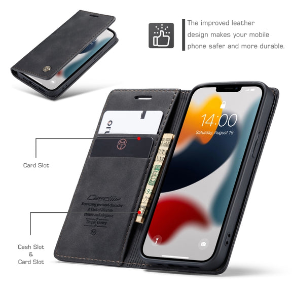 For iPhone 13 CaseMe-013 Multifunctional Retro Frosted Horizontal Flip Leather Case with Card Slot & Holder & Wallet(Black)