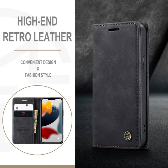 For iPhone 13 CaseMe-013 Multifunctional Retro Frosted Horizontal Flip Leather Case with Card Slot & Holder & Wallet(Black)