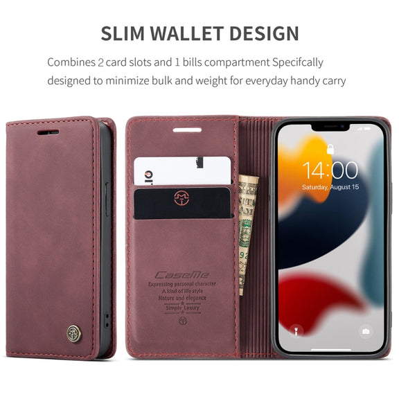 For iPhone 13 CaseMe-013 Multifunctional Retro Frosted Horizontal Flip Leather Case with Card Slot & Holder & Wallet(Wine Red)