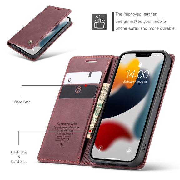 For iPhone 13 CaseMe-013 Multifunctional Retro Frosted Horizontal Flip Leather Case with Card Slot & Holder & Wallet(Wine Red)