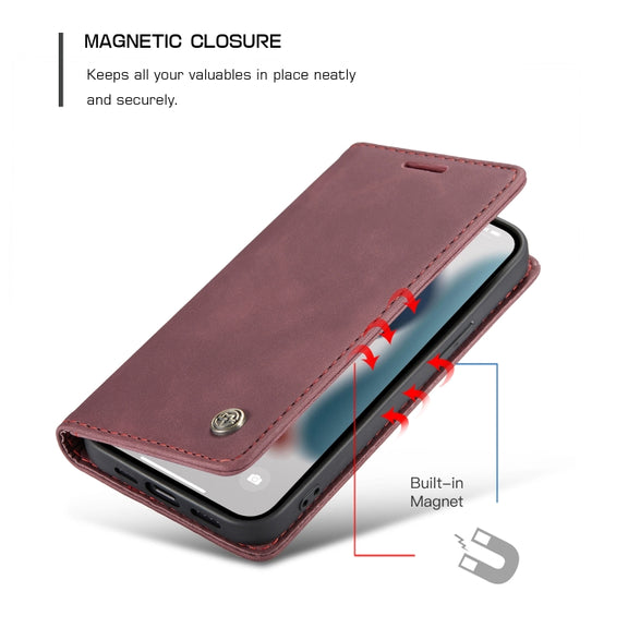 For iPhone 13 CaseMe-013 Multifunctional Retro Frosted Horizontal Flip Leather Case with Card Slot & Holder & Wallet(Wine Red)