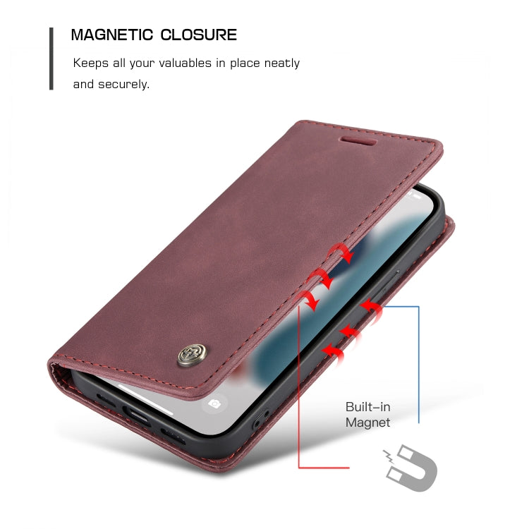 For iPhone 13 CaseMe-013 Multifunctional Retro Frosted Horizontal Flip Leather Case with Card Slot & Holder & Wallet(Wine Red)
