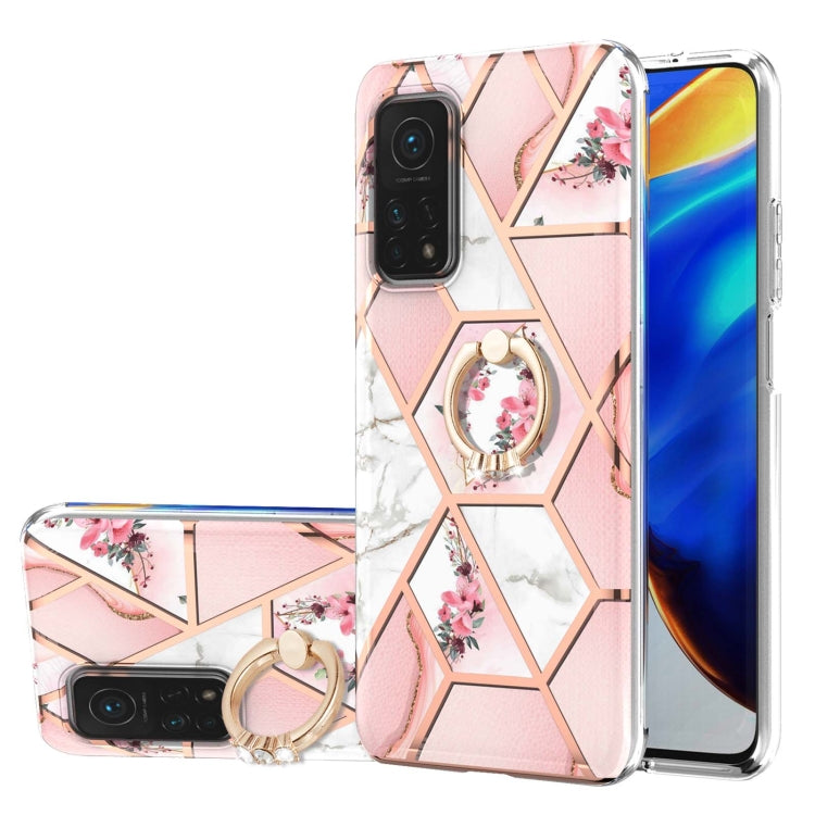 For Xiaomi Mi 10T / Mi 10T Pro Electroplating Splicing Marble Flower Pattern TPU Shockproof Case with Rhinestone Ring Holder(Pink Flower) - Xiaomi Cases by PMC TechLife | Online Shopping South Africa | PMC TechLife