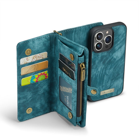 For iPhone 13 Pro CaseMe-008 Detachable Multifunctional Horizontal Flip Leather Case with Card Slot & Holder & Zipper Wallet & Photo Frame (Blue)