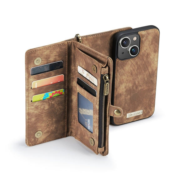 For iPhone 13 CaseMe-008 Detachable Multifunctional Horizontal Flip Leather Case with Card Slot & Holder & Zipper Wallet & Photo Frame(Brown)