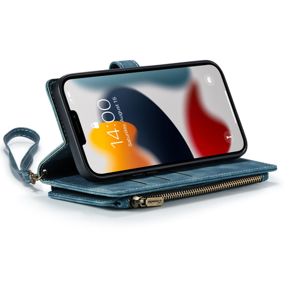 For iPhone 13 Pro Max CaseMe-C30 PU + TPU Multifunctional Horizontal Flip Leather Case with Holder & Card Slot & Wallet & Zipper Pocket (Blue)