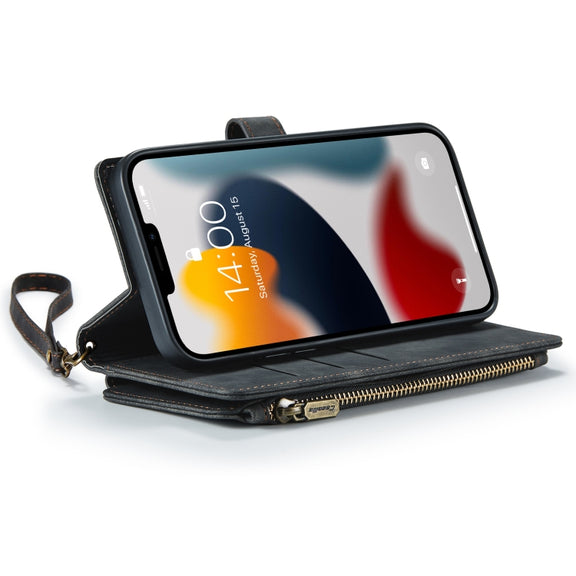 For iPhone 13 Pro CaseMe-C30 PU + TPU Multifunctional Horizontal Flip Leather Case with Holder & Card Slot & Wallet & Zipper Pocket (Black)