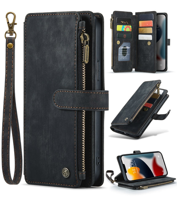 For iPhone 13 Pro CaseMe-C30 PU + TPU Multifunctional Horizontal Flip Leather Case with Holder & Card Slot & Wallet & Zipper Pocket (Black)