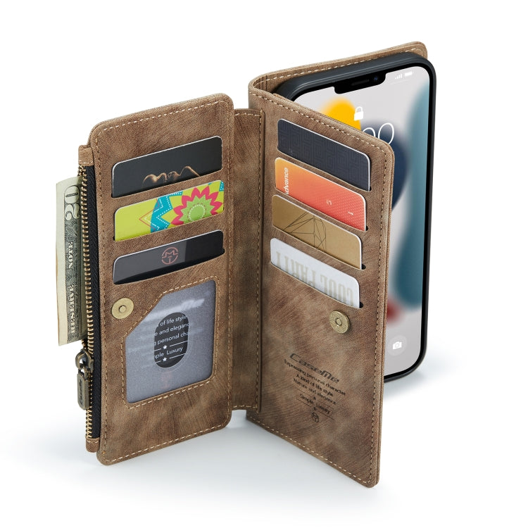 For iPhone 13 Pro CaseMe-C30 PU + TPU Multifunctional Horizontal Flip Leather Case with Holder & Card Slot & Wallet & Zipper Pocket (Brown) - iPhone 13 Pro Cases by CaseMe | Online Shopping South Africa | PMC Jewellery | Buy Now Pay Later Mobicred