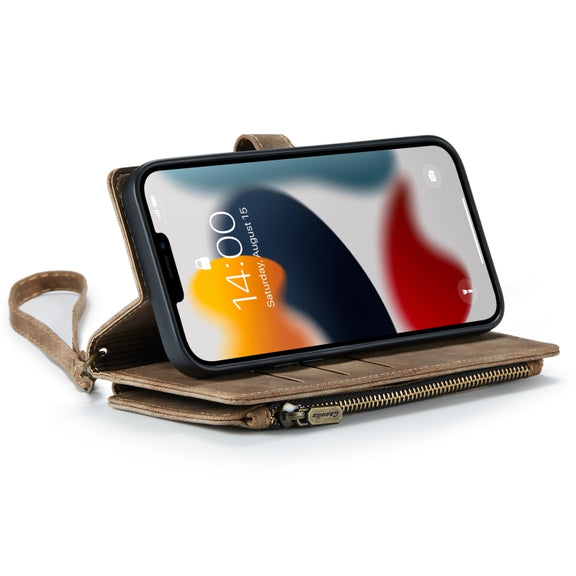 For iPhone 13 Pro CaseMe-C30 PU + TPU Multifunctional Horizontal Flip Leather Case with Holder & Card Slot & Wallet & Zipper Pocket (Brown)