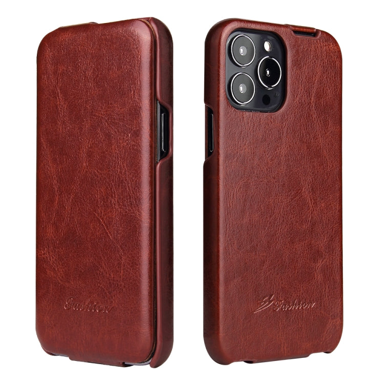 For iPhone 13 Pro Fierre Shann Retro Oil Wax Texture Vertical Flip PU Leather Case (Brown) - iPhone 13 Pro Cases by FIERRE SHANN | Online Shopping South Africa | PMC TechLife | Buy Now Pay Later Mobicred