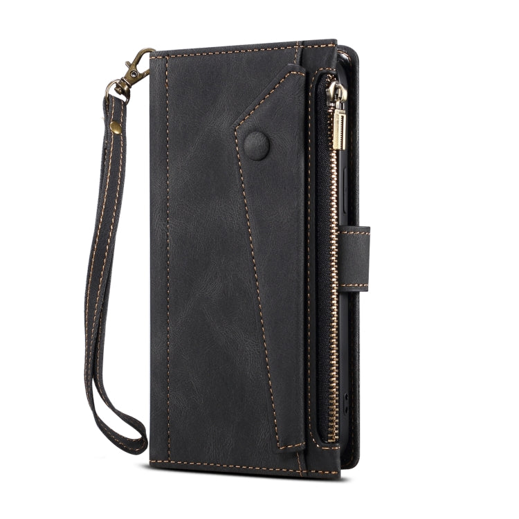 For OnePlus Nord N200 5G Retro Frosted Horizontal Flip Leather Case with Holder & Card Slot & Wallet & Zipper Pocket & Lanyard(Black) - OnePlus Cases by PMC TechLife | Online Shopping South Africa | PMC TechLife | Buy Now Pay Later Mobicred