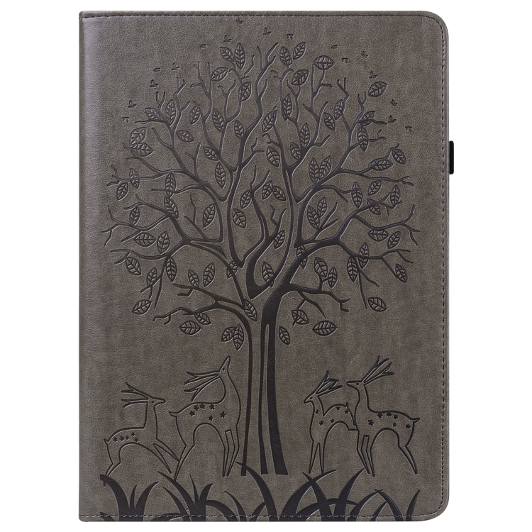 For Huawei MediaPad M5 lite Tree & Deer Pattern Pressed Printing Horizontal Flip PU Leather Case with Holder & Card Slots(Grey)
