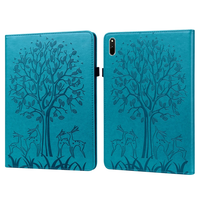 For Huawei MatePad 11 2021 Tree & Deer Pattern Pressed Printing Horizontal Flip PU Leather Case with Holder & Card Slots(Blue)
